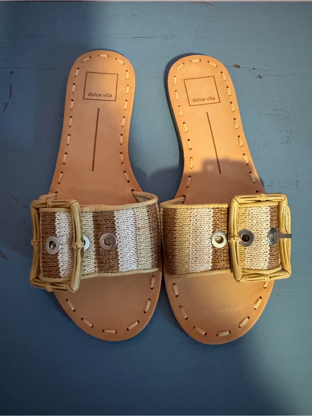 Dolce Vita Tan and Cream Striped Buckle Slide Sandals